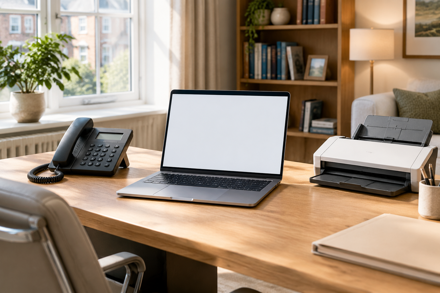 A desk with a laptop, telephone and scanner set up for a remote consultation