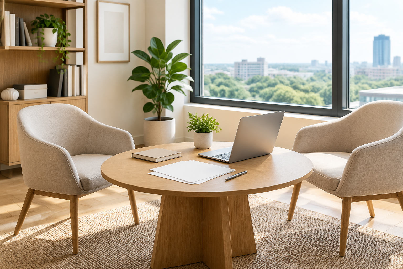 A home office meeting area with two chairs and a laptop