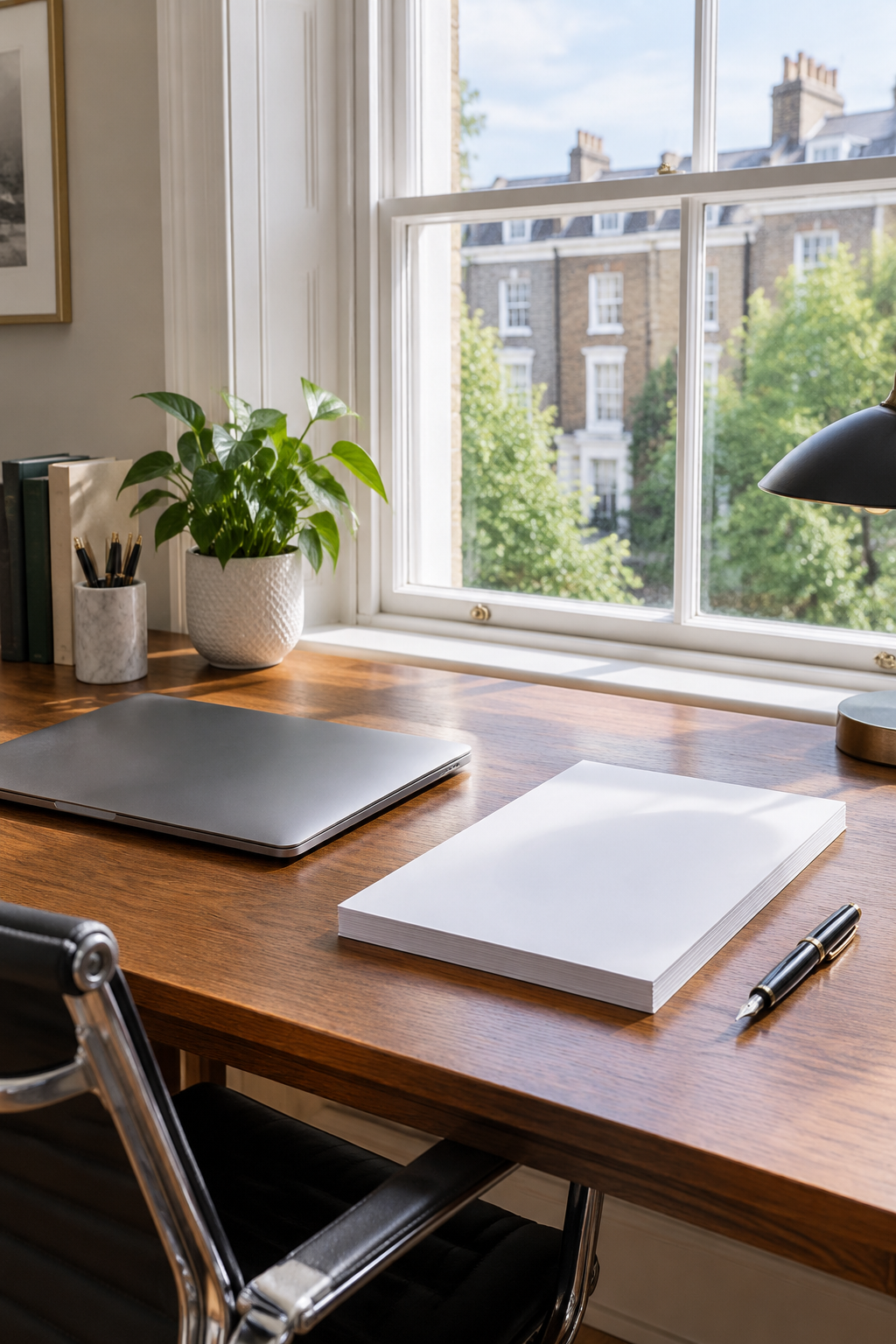 A desk with a laptop and printed documents in a bright home office