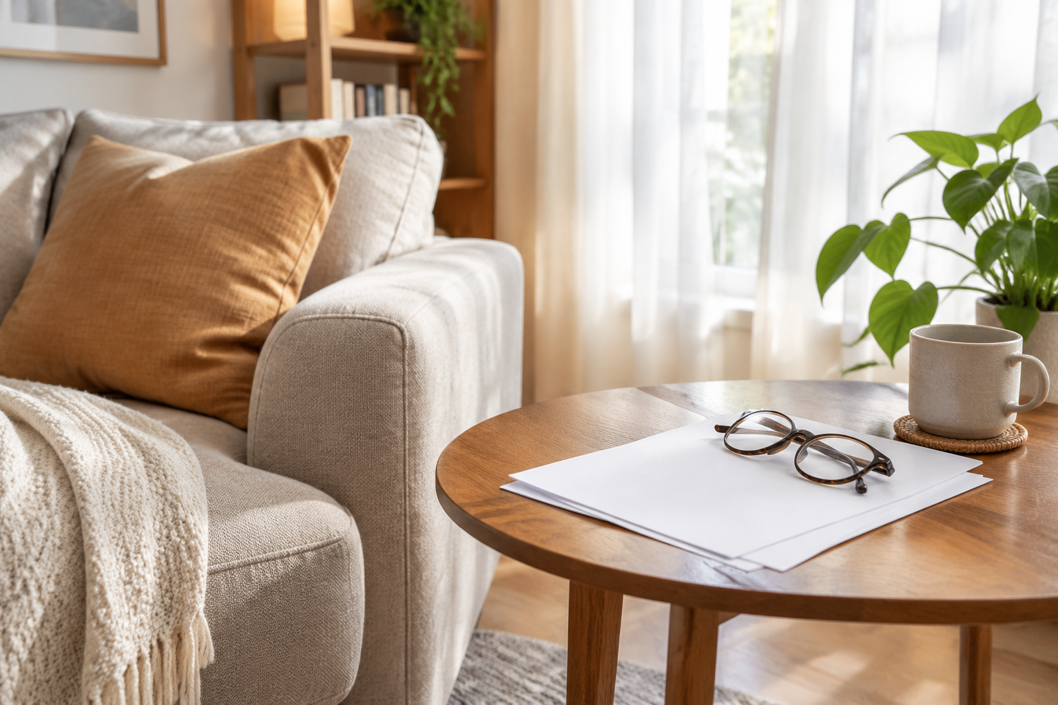 A calm living room corner with papers and reading glasses
