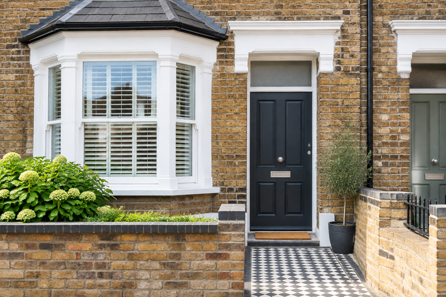 A terraced house front door in daylight