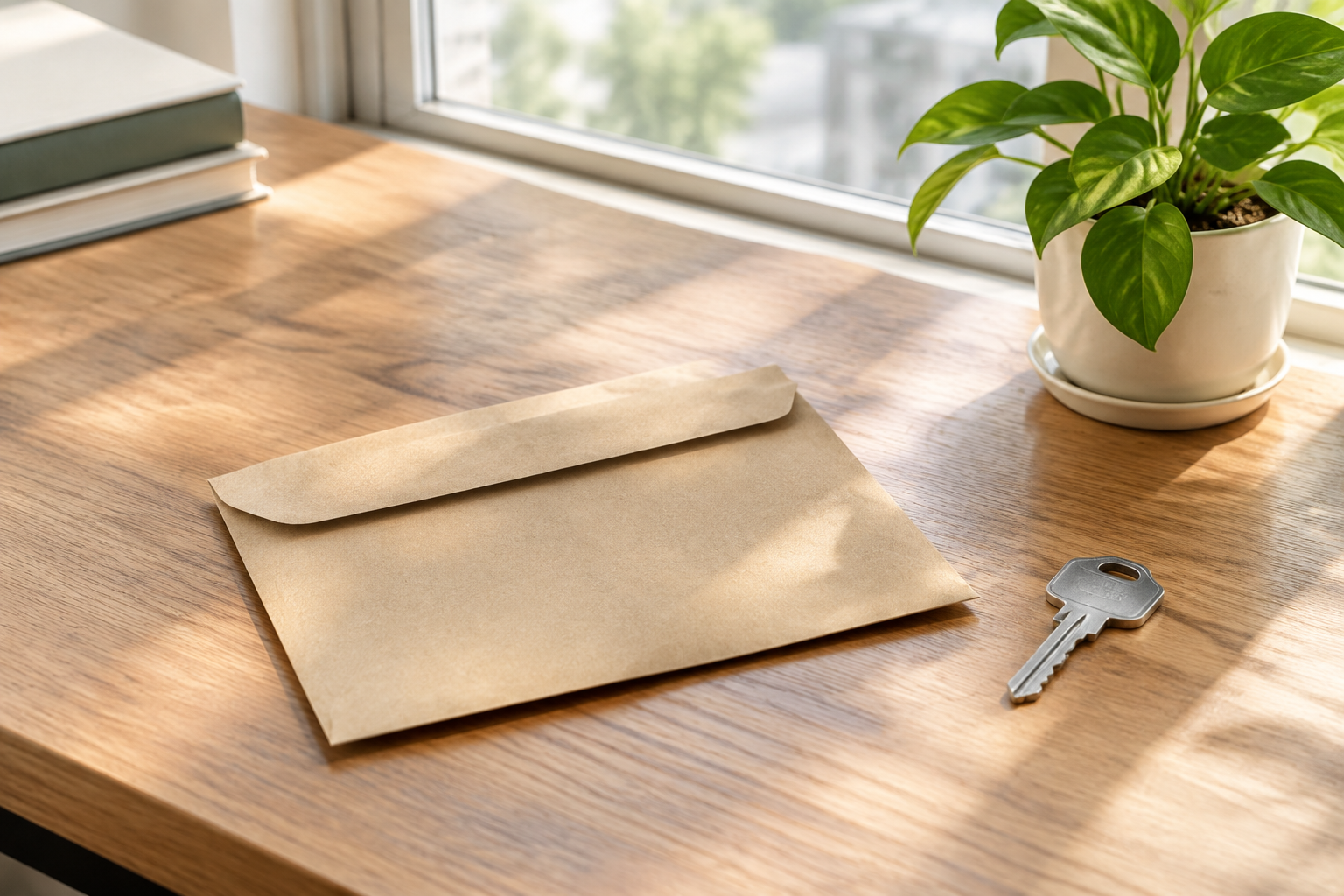 An envelope and a key on a desk