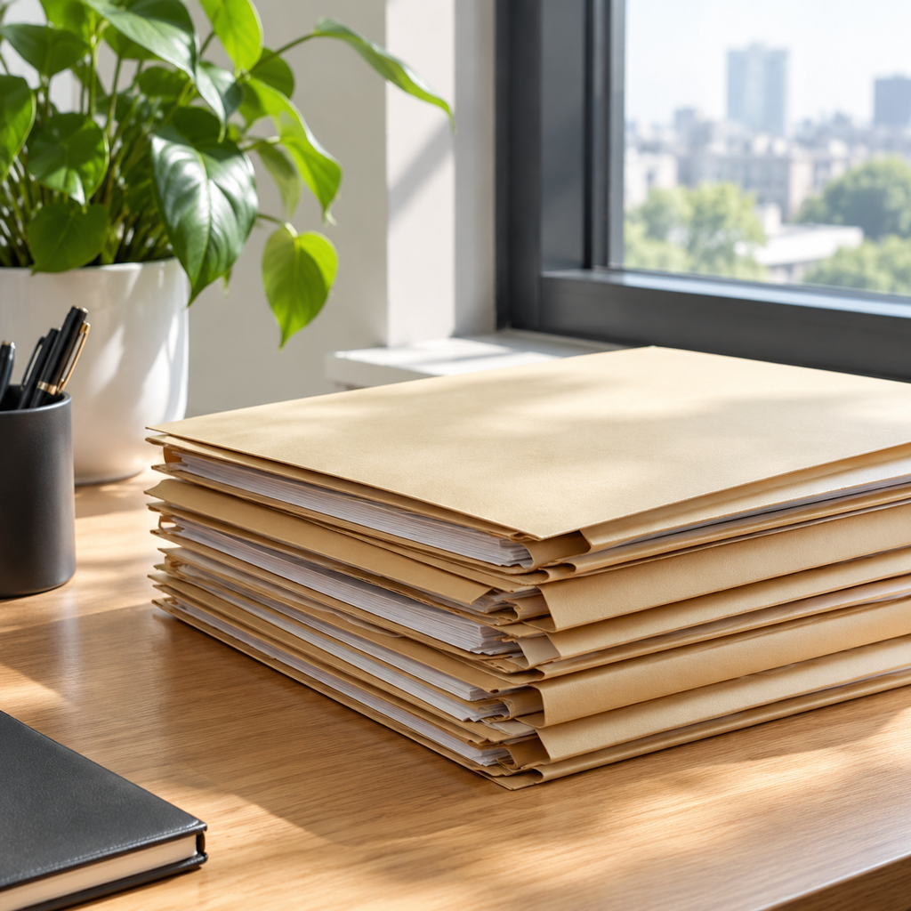 Case files on a desk beside a window