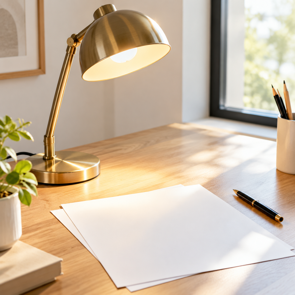 A desk lamp lit in daylight