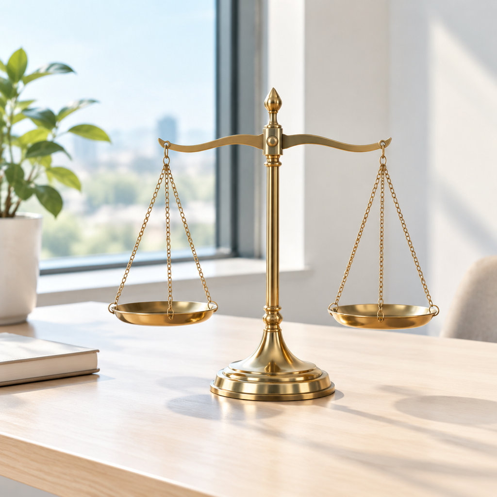 A brass balance scale near a window